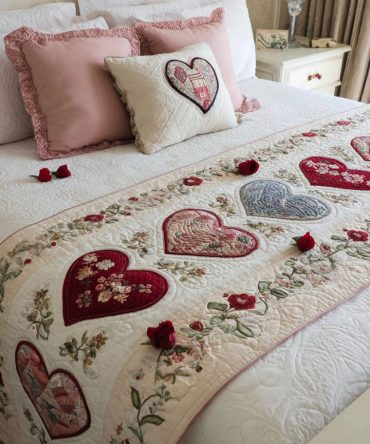 Timeless Hearts Quilted Bed Runner — Classic Heart Pattern Bed Scarf For Romantic Bedroom Styling, Quilted Accent Throw For Layered Look