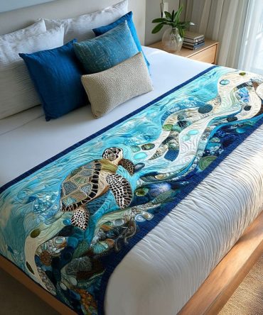 Tortoise Trails Quilted Bed Runner — Earthy Animal-Inspired Cotton Throw, Durable Accent For Nature-Themed Bedrooms (Queen & King)