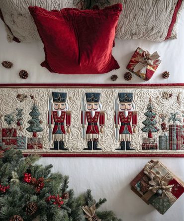 Toy Parade Quilted Bed Runner — Vintage Toy-Themed Holiday Bed Scarf, Quilted Decorative Accent For Christmas Bedrooms