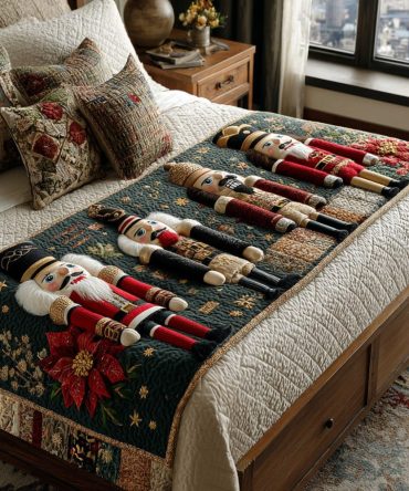 Toy Soldier Quilted Bed Scarf — Timeless Nutcracker-Inspired Holiday Bed Runner, Decorative Quilted Accent For Children'S Rooms & Seasonal Displays