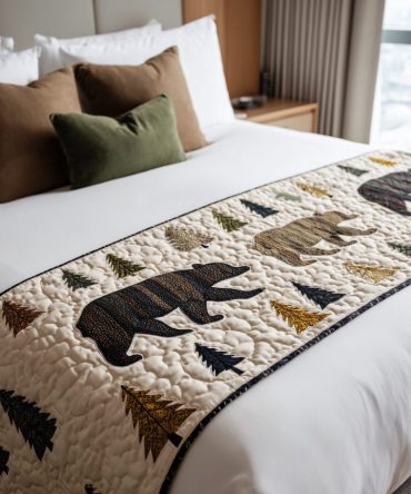 Trail Of The Bear Quilted Bed Runner - Adventure-Inspired Cabin Throw For Queen & King Beds, Durable Quilting & Reversible Styling