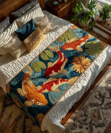 Tranquil Koi Quilted Bed Scarf — Serene Watercolor Koi Runner, Reversible Cotton-Blend For Calming Bedroom Decor, Durable And Easy Care