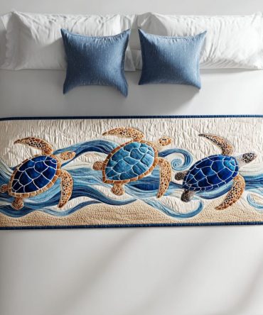 Tranquil Trek Quilted Bed Scarf - Serene Nature-Inspired Bed Runner, Soft Cotton Blend, Reversible, Lightweight Bedding Accent