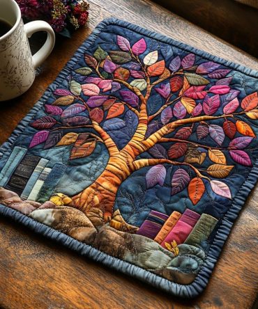 Scholarly Tree of Knowledge Quilted Placemat - Elegant Cotton-Blend Dining Mat, Heat-Resistant, Machine Washable, Unique Teacher Gift