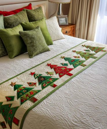 Festive Evergreen Holiday Quilted Bed Runner – Embroidered Tree Motif, Luxury Cotton-Blend Accent For Bed, Sofa & Entry, Easy Care