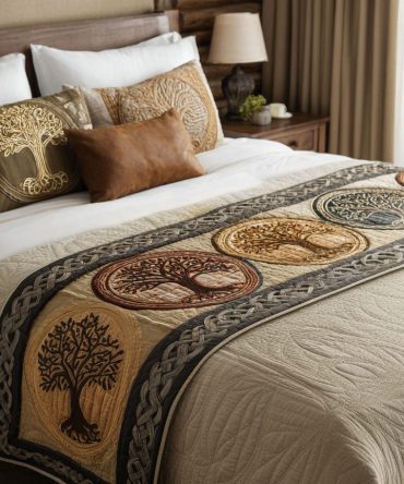 Tree Of Life Comfort Quilted Bed Scarf — Boho Botanical Bed Runner, Inspirational Tree Motif For Tranquil Bedroom Vibes, Reversible & Cozy Accent