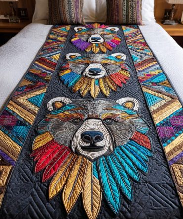 Rustic Tribal Bear Quilted Bed Runner — Lodge Style Cotton-Blend Accent Throw For King & Queen Beds, Cozy Cabin Decor