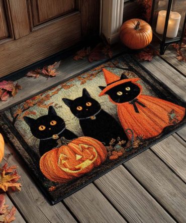 Three Black Cats Welcome Mat – Stylish Outdoor Coir Doormat, Durable Non-Slip Porch Rug For Halloween Or Everyday Entryway Decor