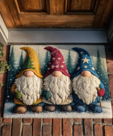 Trio Christmas Gnomes Doormat — Charming Holiday Welcome Rug With Festive Gnome Trio Illustration, Durable Coir, Non-Slip Backing