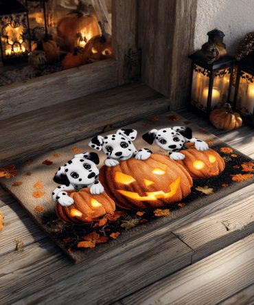 Triple Pumpkin Dalmatians Doormat - Festive Fall Coir Welcome Mat With Pumpkin & Puppy Design, Weather-Resistant Front Door Rug For Autumn