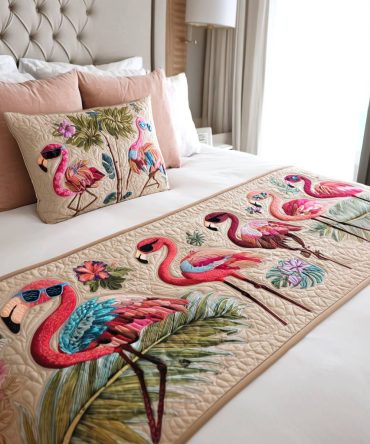 Tropichic Quilted Bed Scarf — Stylish Tropical Patterned Bed Runner For Modern Coastal & Boho Bedrooms, Lightweight, Reversible, Easy Care