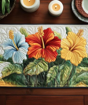 Tropic Touch Quilted Placemat - Bright Tropical Print Cotton Table Mat with Palm & Hibiscus for Beachy Dining and Summer Parties