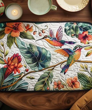 Tropical Hummingbird Quilted Placemat — Vibrant Floral Table Mat, Tropical Dining Decor, Lightweight Cotton, Machine Washable, Bright Colors