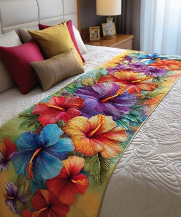 Tropical Hibiscus Quilted Bed Runner — Lush Floral Bed Scarf For Queen & King Beds, Island-Inspired Accent, Vibrant & Machine Washable