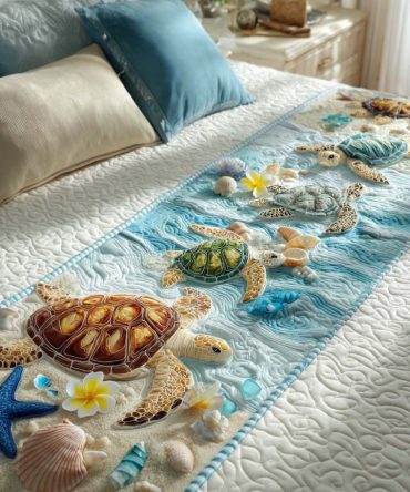 Tropical Turtle Fun Quilted Bed Runner — Playful Turtle-Themed Bed Scarf For Queen & King Beds, Coastal Kids Accent, Durable & Machine Washable