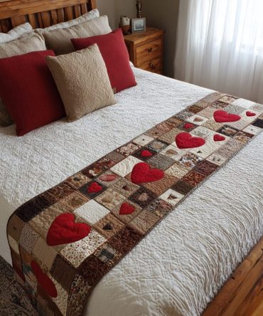 True Heart Quilted Bed Runner — Classic Red & White Bedding Accent, Quilted Bed Scarf For Romantic & Traditional Bedrooms