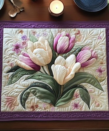 Tulip Bloom tulip quilted table placemat — vibrant spring floral dining mat, machine-washable and protective with non-slip backing for family tables