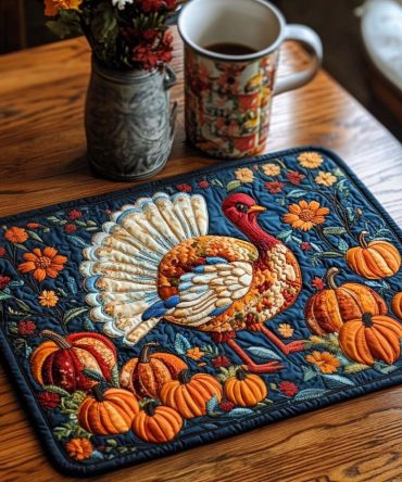 Turkey Time Quilted Placemat - Festive Thanksgiving Table Mat, Durable Cotton-Blend, Stain & Heat Resistant, Easy Care Machine Washable