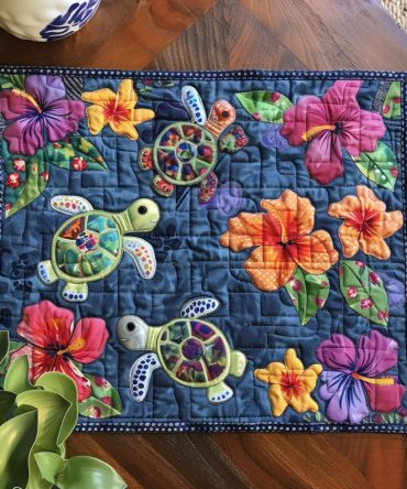 Turtle Blossom Paradise Quilted Placemats — Tropical Turtle & Floral Table Decor, Durable Cotton, Machine-Washable, Family-Friendly Design
