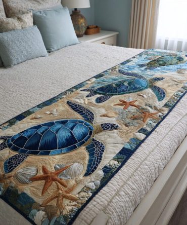 Turtle Bay Quilted Bed Runner — Coastal Turtle Print Bedding Accent, Sea-Inspired Quilted Throw For Beach House Style