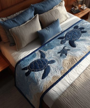 Turtle Dreams Quilted Bed Scarf — Coastal Turtle Motif Bed Runner, Reversible Cotton-Blend Throw For Beach House & Nautical Bedrooms, Easy Care