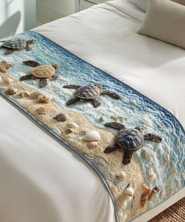 Turtle Haven Bay Quilted Bed Runner – Coastal Turtle & Ocean Motif, Nautical Quilted Runner For Beach House Or Coastal Bedroom Styling