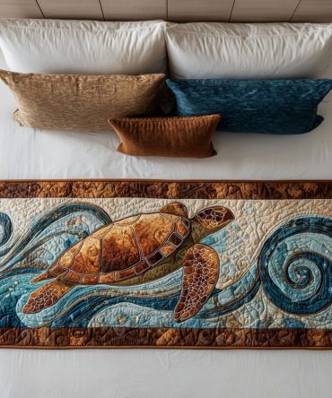 Turtle Hug Quilted Bed Runner – Whimsical Ocean-Themed Bedding Accent With Soft Quilting For Kids’ Rooms & Coastal Retreats, Machine Washable