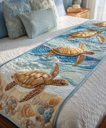Turtle Island Wander Quilted Bed Runner – Coastal Boho Bedding Accent, Soft Eco Cotton For Queen & King Beds