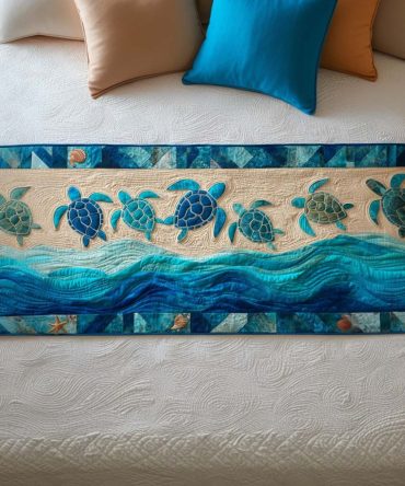 Coastal Turtle Journey Quilted Bed Runner , Ocean-Inspired Bedroom Accent For Queen & King, Reversible & Machine-Washable