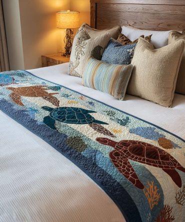 Turtle Oasis Coastal Quilted Bed Runner — Ocean-Inspired Turtle Print, Breathable Cotton Bed Scarf For Beach Houses, Lightweight