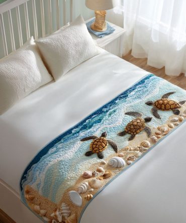 Turtle Pond Explorer Quilted Bed Runner — Nature-Themed Bed Scarf With Pond Motifs, Handcrafted Cotton Accent For Cozy Bedrooms