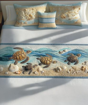 Turtle Song Quilted Cotton Bed Runner — Whimsical Sea Turtle Embroidery, Coastal Decorative Runner For Bed, Bench & Nursery