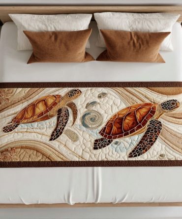 Turtle Totem Quilted Bed Runner — Coastal Boho Bed Scarf, Hand-Quilted Accent For King & Queen Beds, Durable Cotton Home Decor