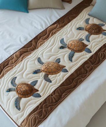 Turtley Adorable Coastal Quilted Bed Runner – Cute Sea Turtle Themed Bedding Accent For Kids & Beach Houses, Soft, Easy Care