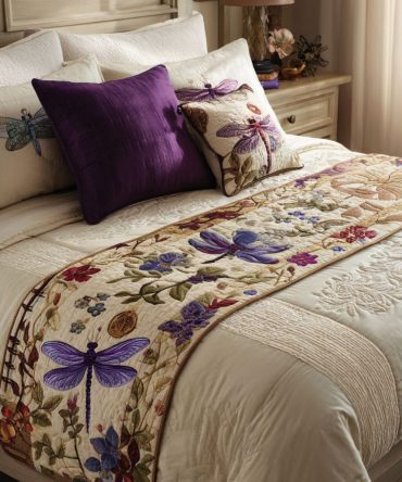 Twilight Dragonfly Quilted Bed Runner – Delicate Insect Motif, Hand-Finish Quilting For Elegant Bedroom & Living Space Styling, Lightweight