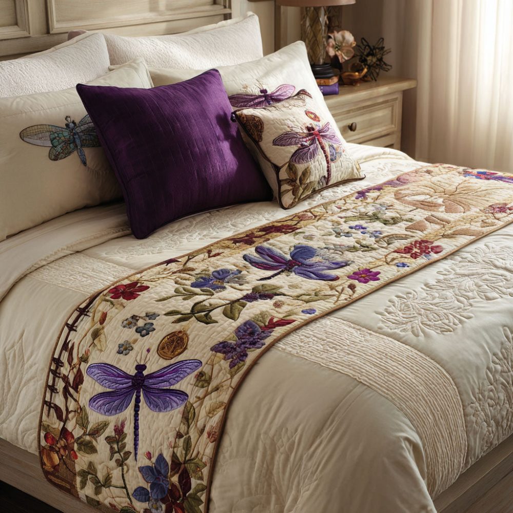 Twilight Dragonfly Quilted Bed Runner – Delicate Insect Motif, Hand-Finish Quilting For Elegant Bedroom & Living Space Styling, Lightweight