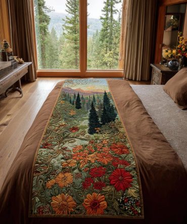 Twilight Grove Quilted Bed Scarf — Moody Woodland Quilted Bed Runner With Deep Tones For Elegant Rustic Bedroom Styling