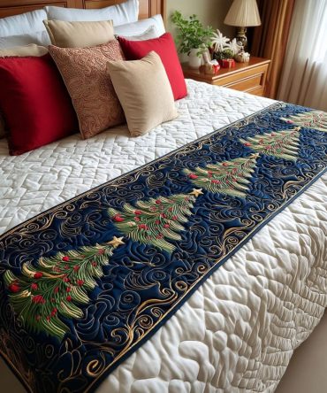 Twilight Trees Quilted Bed Runner - Dark Forest Greens & Midnight Blues For Cozy Winter Bedding, Reversible Quilted Accent Throw