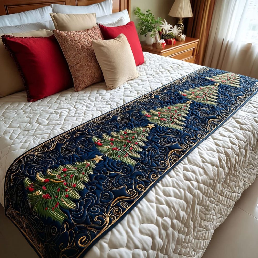 Twilight Trees Quilted Bed Runner - Dark Forest Greens & Midnight Blues For Cozy Winter Bedding, Reversible Quilted Accent Throw