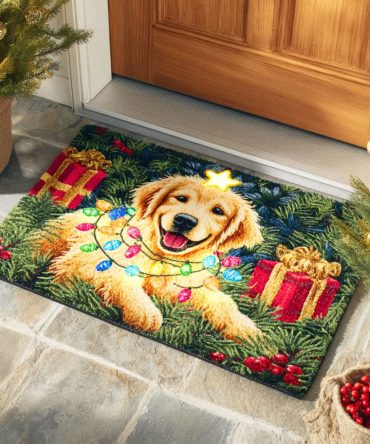 Twinkle Light Golden Retriever Mat — Holiday Sparkle Front Door Rug With Golden Pup Illustration, Durable Coir & Slip-Resistant Backing