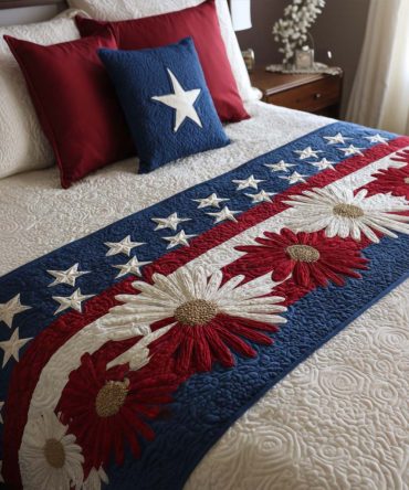 Celebrate America With Usa Bloom Quilted Bed Scarf — Reversible Floral Flag Accent For 4Th Of July & Patriotic Bedroom Makeovers