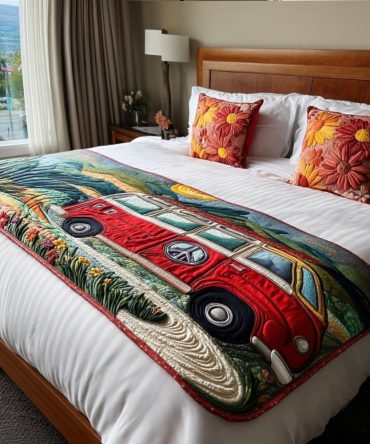 Van In The Wild Quilted Bed Runner — Rustic Camper & Mountain Scene, Outdoor-Inspired Cotton Runner For Beds, Vans & Cabins