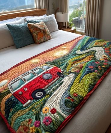 Vanlife Journey Quilted Bed Runner — Adventure Roadtrip Van Design, Boho Camper Decorative Runner For Beds, Vans & Outdoor Sleeps