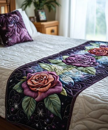 Velvet Rose Plush Quilted Bed Scarf — Luxurious Rose Pattern Bed Runner With Velvet Accents For Romantic Bedroom Styling