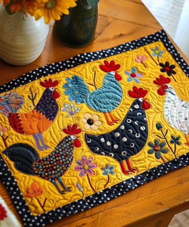 Vibrant Floral Chicken Quilted Placemat - Bright Boho Table Mat With Floral Rooster Design, Colorful Kitchen Decor, Washable
