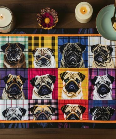 Vibrant Pug Portraits Quilted Placemat — Colorful Dog Art Table Mat, Plush Quilting, Machine-Washable & Perfect Gift for Pug Enthusiasts
