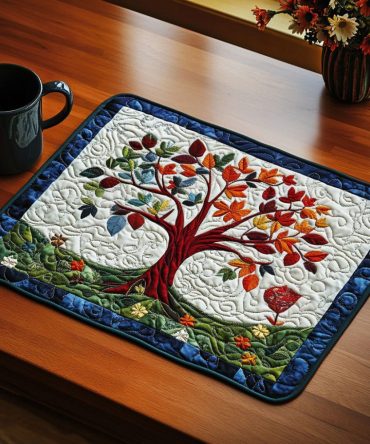 Vibrant Fall Tree Quilted Placemat — Autumn Leaves Table Mat with Padded Quilting, Colorfast Print, Heat-Resistant & Machine-Washable Seasonal Accent