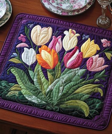 Vibrant Petals bold floral quilted table placemat — colorful spring table mat, washable, protective, non-slip backing and fade-resistant print