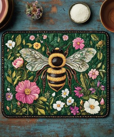 Vibrant Pollinator Quilted Placemat — Bright Floral & Bee Motif Dining Mat, Reversible, Colourfast Cotton Blend, Protective Padding, Easy-Care