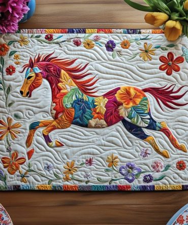 Vibrant Running Horse Quilted Placemat — Dynamic Equestrian Table Accent, Racing Horse Dining Mat, Easy-Care Quilted Cover